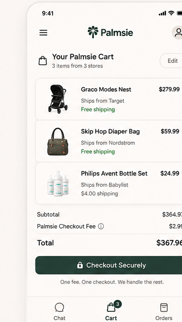 Palmsie product preview showing a unified cart across stores.