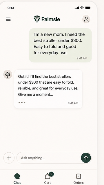 Palmsie product preview showing a shopping conversation.