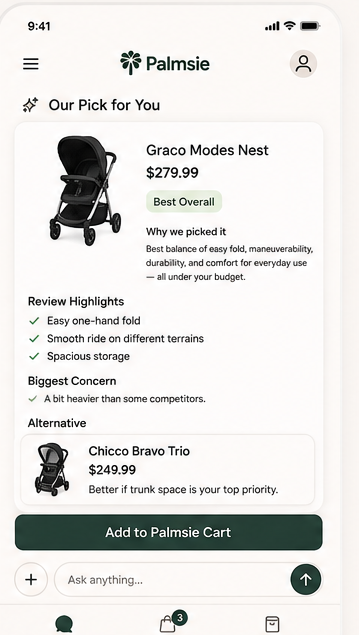Palmsie product preview showing one recommended product with reasons.