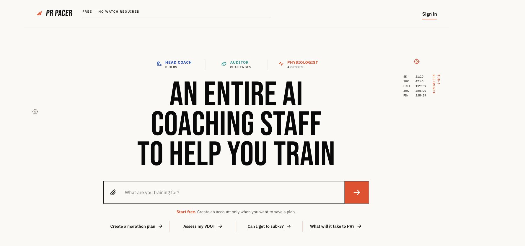 PR Pacer product preview showing a coaching conversation and training prompt.