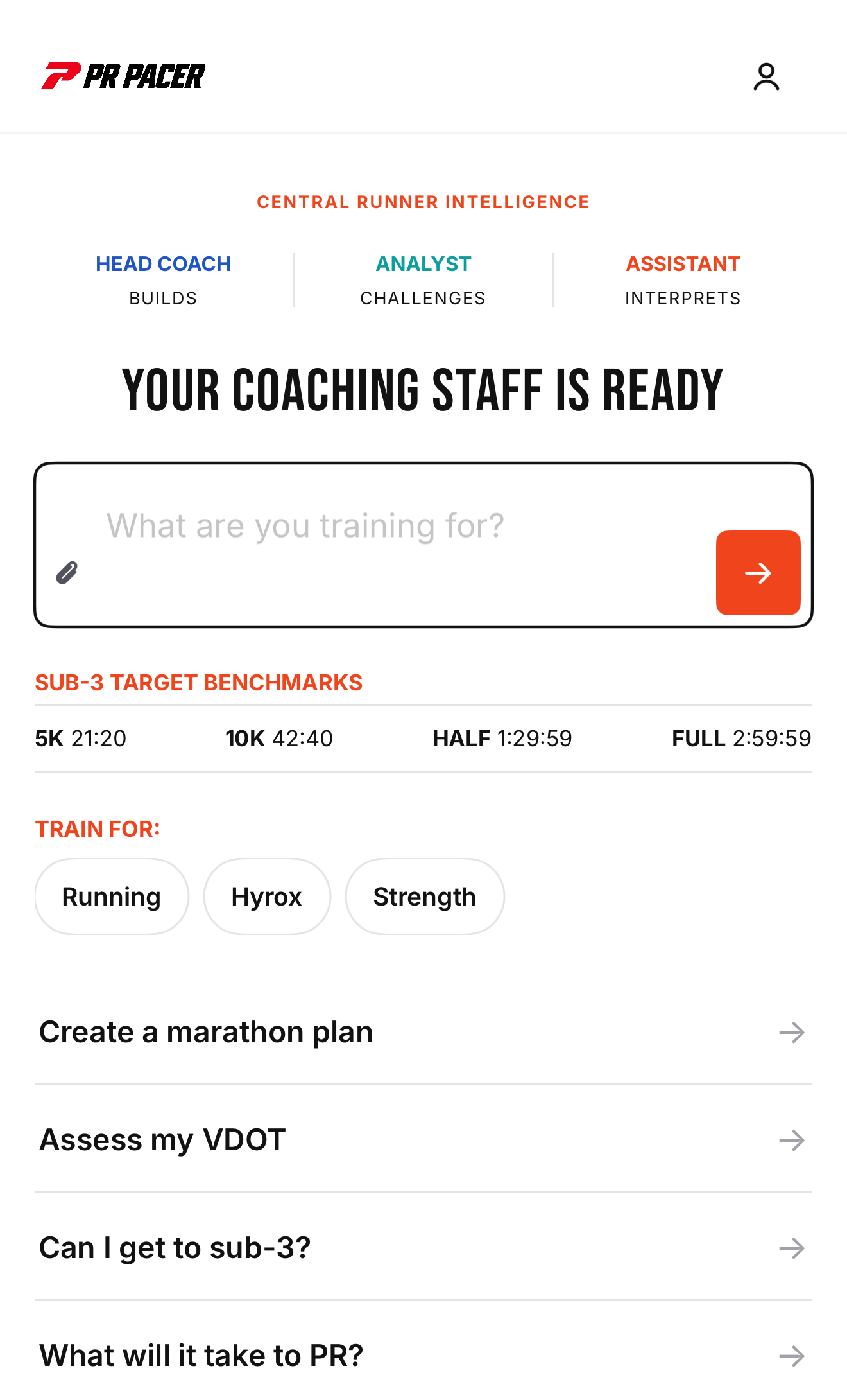 PR Pacer mobile product preview showing the coaching staff home screen.