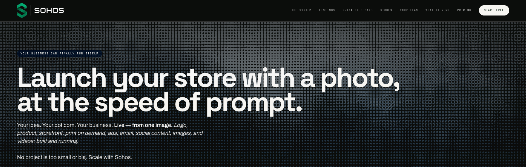 Sohos product preview showing the store-creation experience.