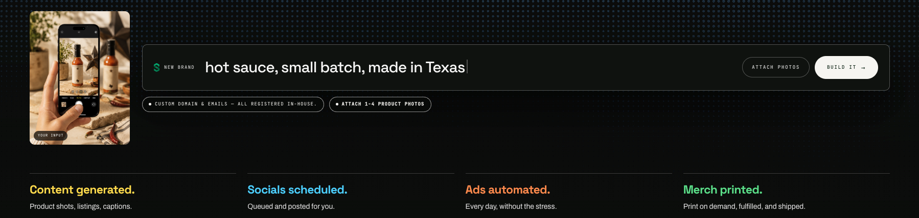 Sohos product preview showing a new-brand prompt and what the system generates.
